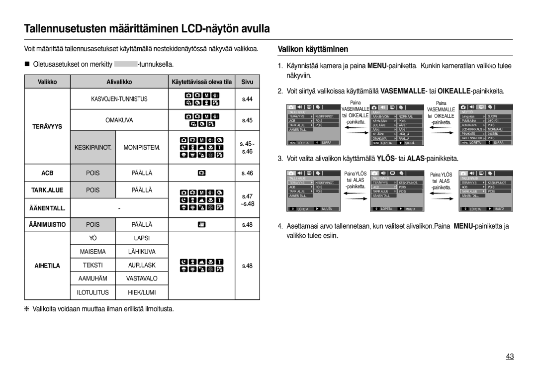 Samsung EC-L110ZBFA/E2, EC-L110ZPDA/E3 manual Tallennusetusten määrittäminen LCD-näytön avulla, Valikon käyttäminen 