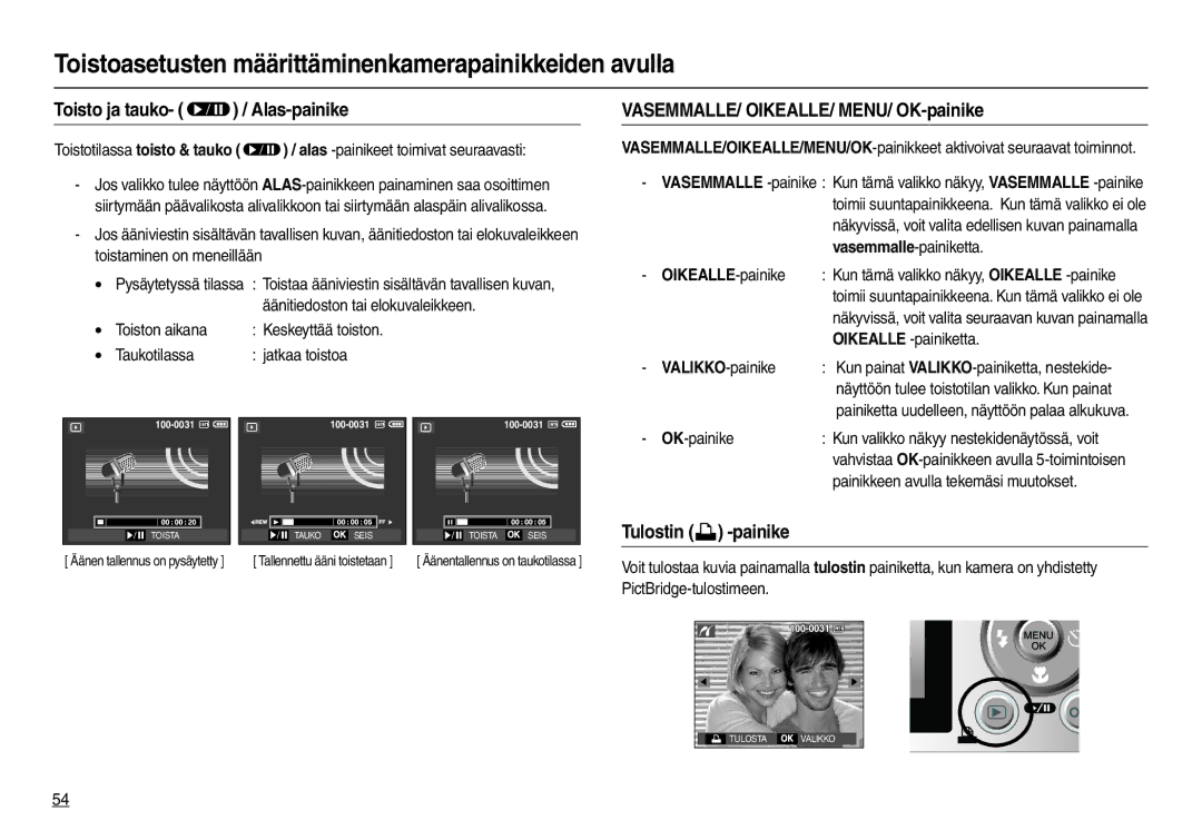 Samsung EC-L110ZUDA/E3 Toisto ja tauko-  / Alas-painike, VASEMMALLE/ OIKEALLE/ MENU/ OK-painike, Tulostin  -painike 