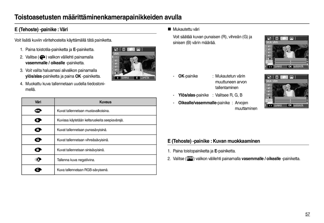 Samsung EC-L110ZSDA/E3 manual Tehoste -painike Kuvan muokkaaminen, „ Mukautettu väri, Tallentaminen, Ylös/alas-painike 