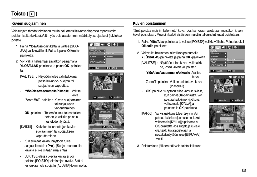 Samsung EC-L110ZUDA/E3, EC-L110ZPDA/E3 manual Kuvien suojaaminen, Kuvien poistaminen, Ylös/alas/vasemmalle/oikealle Valitse 