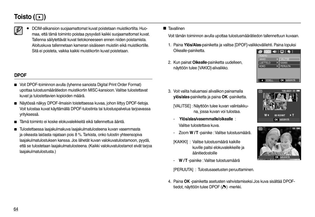 Samsung EC-L110ZBDA/E3, EC-L110ZPDA/E3 manual „ Tavallinen, Ylös/alas/vasemmalle/oikealle Valitse tulostettava kuva 