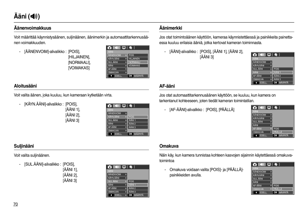 Samsung EC-L110ZBFA/E2, EC-L110ZPDA/E3, EC-L110ZUDA/E3 Ääni , Äänenvoimakkuus, Äänimerkki, Aloitusääni, Suljinääni Omakuva 