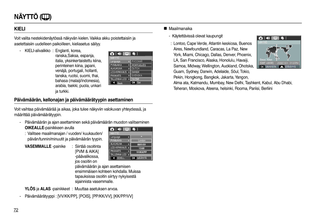 Samsung EC-L110ZUDA/E3, EC-L110ZPDA/E3, EC-L110ZBDA/E3, EC-L110ZRDA/E3 Näyttö, Valitsee maailmanajan / vuoden/ kuukauden 