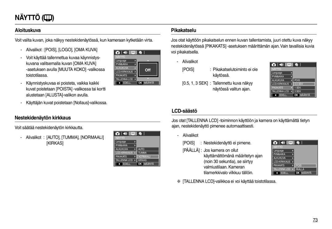 Samsung EC-L110ZBDA/E3, EC-L110ZPDA/E3, EC-L110ZUDA/E3 manual Aloituskuva, Pikakatselu, LCD-säästö Nestekidenäytön kirkkaus 