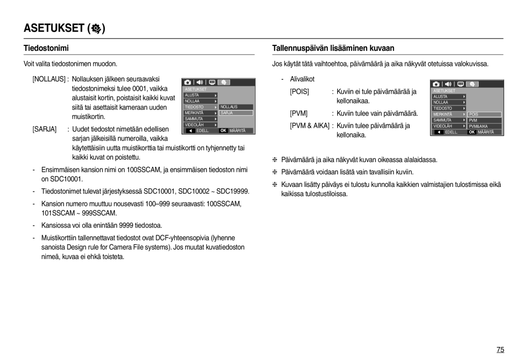 Samsung EC-L110ZSDA/E3, EC-L110ZPDA/E3, EC-L110ZUDA/E3, EC-L110ZBDA/E3 manual Tiedostonimi, Tallennuspäivän lisääminen kuvaan 