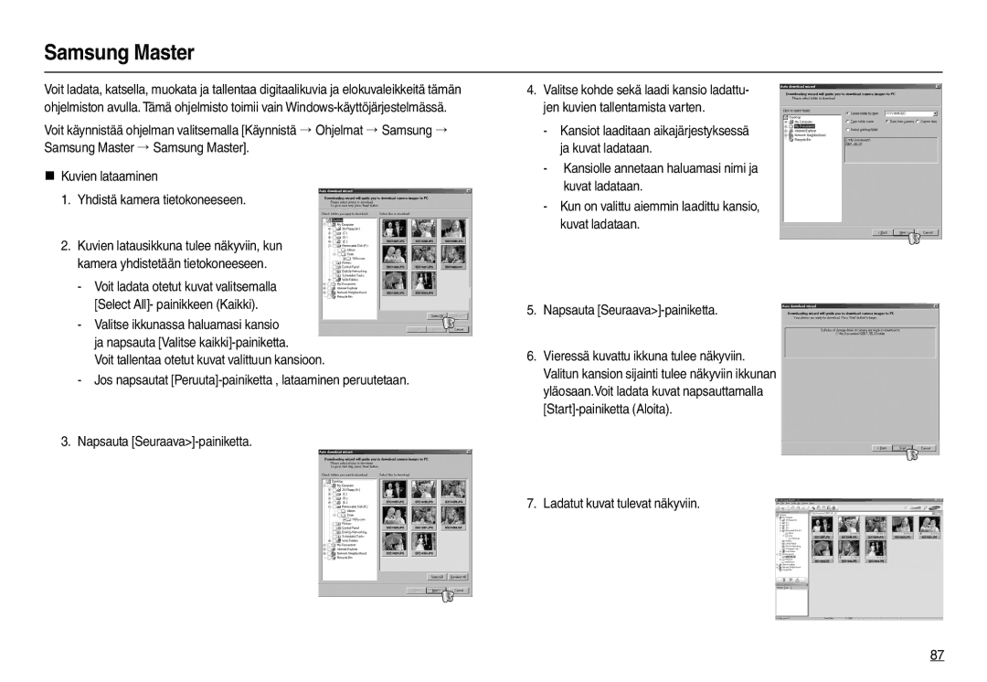 Samsung EC-L110ZRBA/E2, EC-L110ZPDA/E3, EC-L110ZUDA/E3, EC-L110ZBDA/E3 manual Samsung Master, Ladatut kuvat tulevat näkyviin 