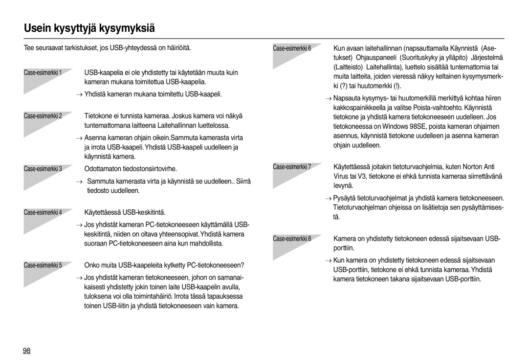 Samsung EC-L110ZPDA/E3, EC-L110ZUDA/E3, EC-L110ZBDA/E3, EC-L110ZRDA/E3, EC-L110ZSDA/E3 manual Usein kysyttyjä kysymyksiä 