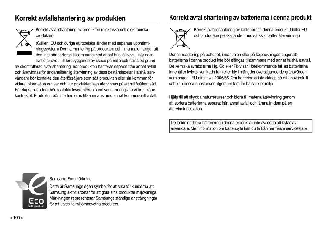 Samsung EC-L110ZBDA/E3, EC-L110ZPDA/E3, EC-L110ZUDA/E3 Korrekt avfallshantering av produkten, Samsung Eco-märkning, 100 