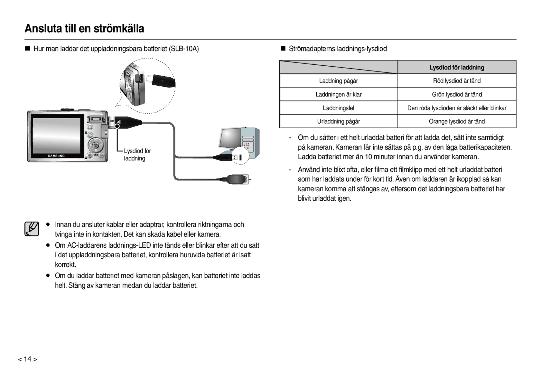 Samsung EC-L110ZBBA/E2, EC-L110ZPDA/E3 manual „ Hur man laddar det uppladdningsbara batteriet SLB-10A, Lysdiod för laddning 