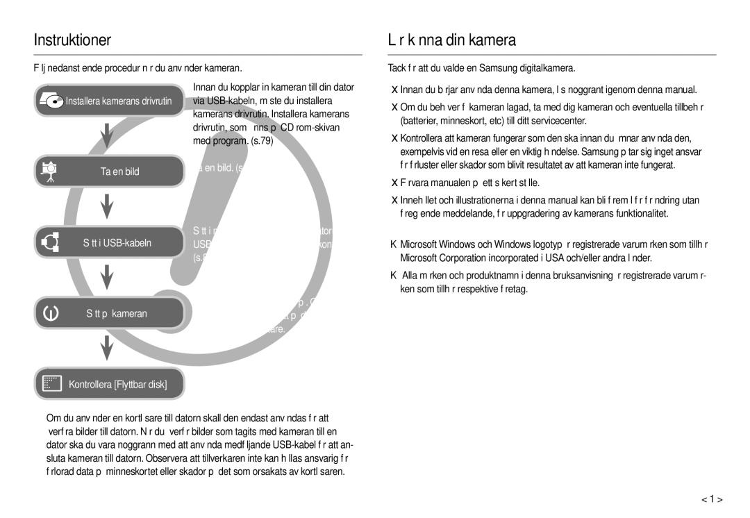 Samsung EC-L110ZBDA/E3, EC-L110ZPDA/E3 Instruktioner, Lär känna din kamera, Tack för att du valde en Samsung digitalkamera 