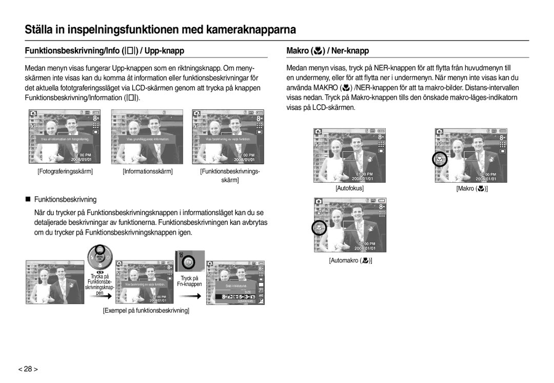 Samsung EC-L110ZBDA/E3 manual Funktionsbeskrivning/Info  / Upp-knapp, Makro  / Ner-knapp, „ Funktionsbeskrivning 