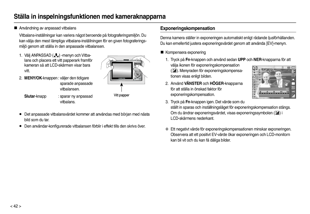 Samsung EC-L110ZRBA/E2 Exponeringskompensation, „ Användning av anpassad vitbalans, Slutar -knapp, Sparar ny anpassad 