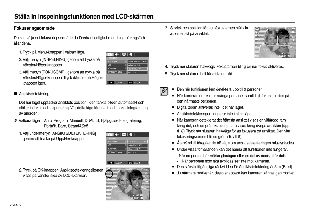 Samsung EC-L110ZPDA/E3, EC-L110ZUDA/E3, EC-L110ZBDA/E3 manual Fokuseringsområde, Fokuseringsramen blir nu grön. Totalt 