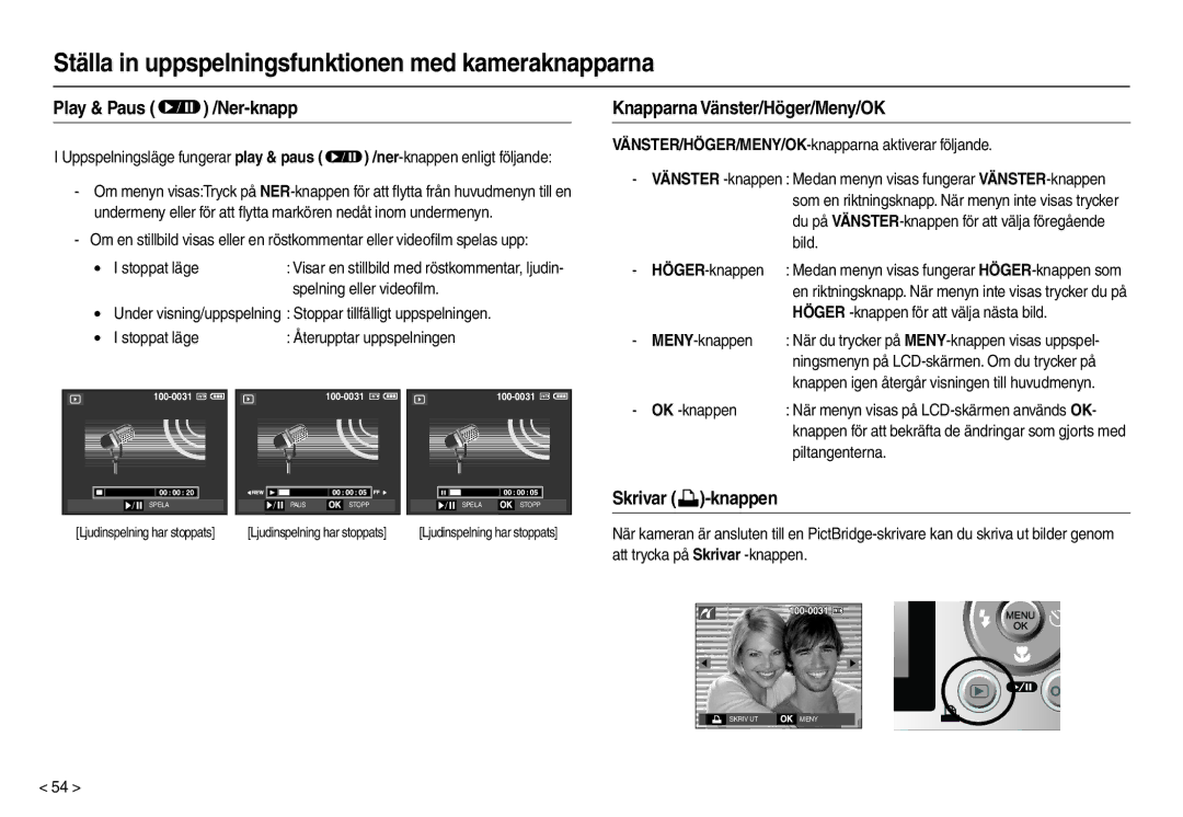 Samsung EC-L110ZUDA/E3, EC-L110ZPDA/E3 manual Play & Paus  /Ner-knapp, Knapparna Vänster/Höger/Meny/OK, Skrivar -knappen 