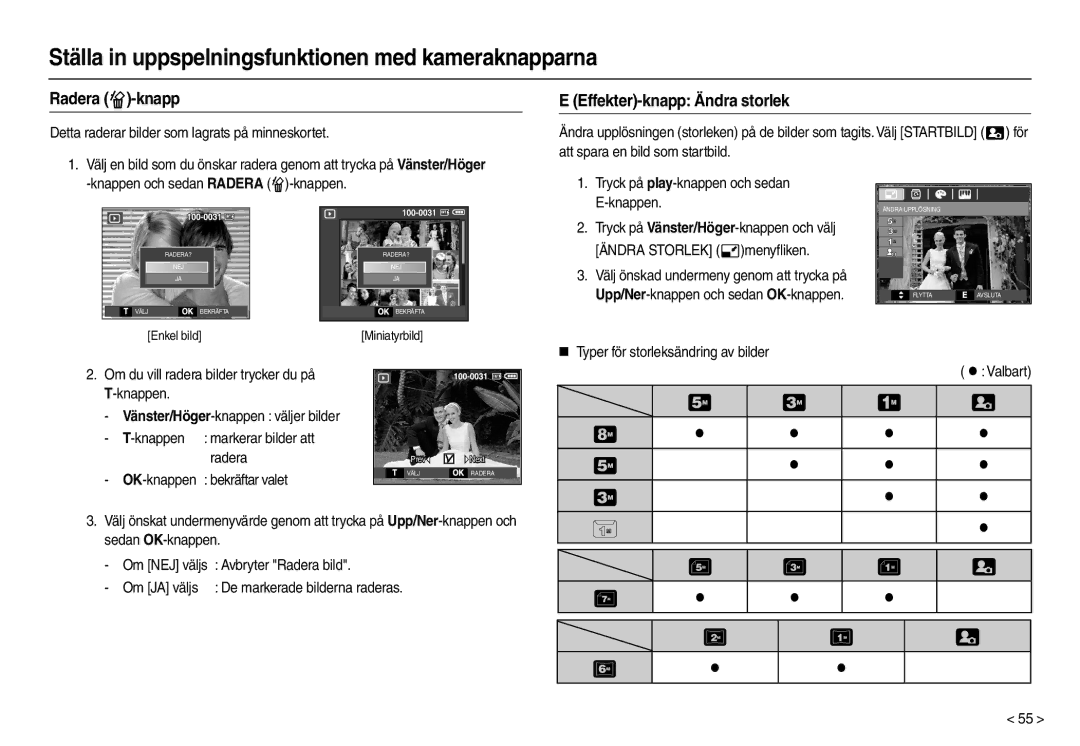 Samsung EC-L110ZBDA/E3, EC-L110ZPDA/E3, EC-L110ZUDA/E3, EC-L110ZRDA/E3 manual Radera -knapp, Effekter-knapp Ändra storlek 