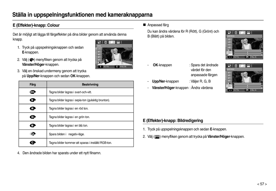 Samsung EC-L110ZSDA/E3, EC-L110ZPDA/E3 manual Effekter-knapp Colour, Effekter-knapp Bildredigering, Vänster/Höger -knappen 