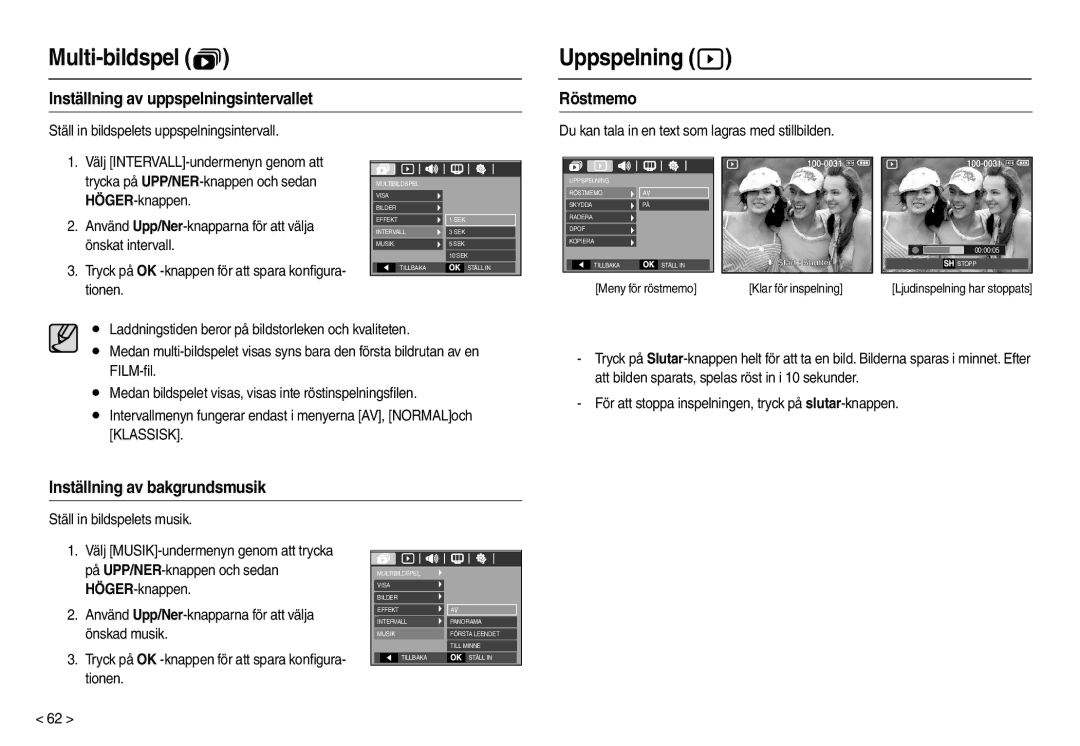 Samsung EC-L110ZPDA/E3 Uppspelning , Inställning av uppspelningsintervallet, Röstmemo, Inställning av bakgrundsmusik 