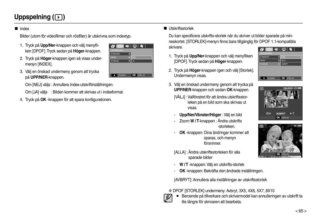 Samsung EC-L110ZRDA/E3 manual „ Index, Skrivare, DPOF. Tryck sedan på Höger-knappen, Menyn Index, Undermenyn visas 