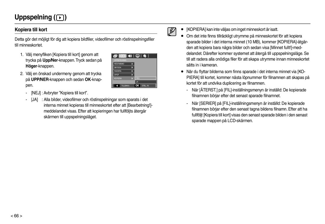 Samsung EC-L110ZSDA/E3 manual NEJ Avbryter Kopiera till kort, Kopiera kan inte väljas om inget minneskort är isatt 