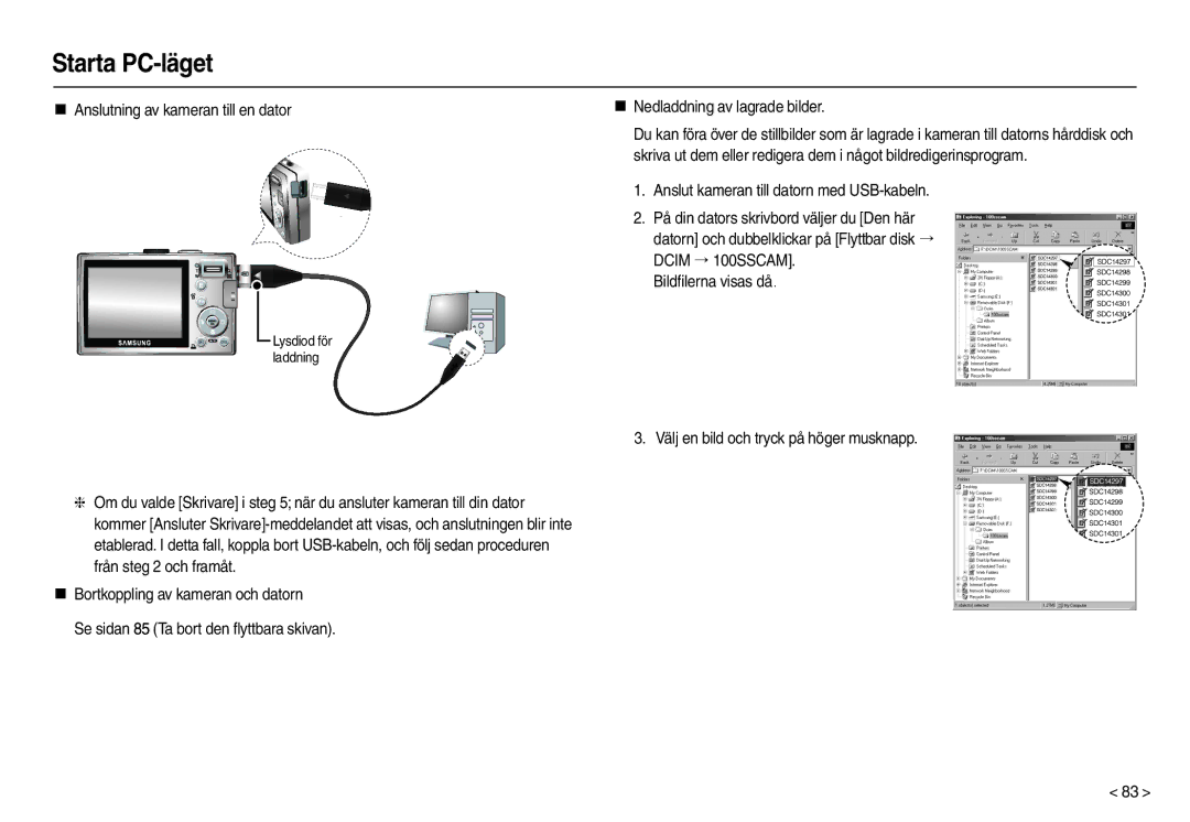 Samsung EC-L110ZRDA/E3, EC-L110ZPDA/E3 manual „ Anslutning av kameran till en dator, „ Nedladdning av lagrade bilder 