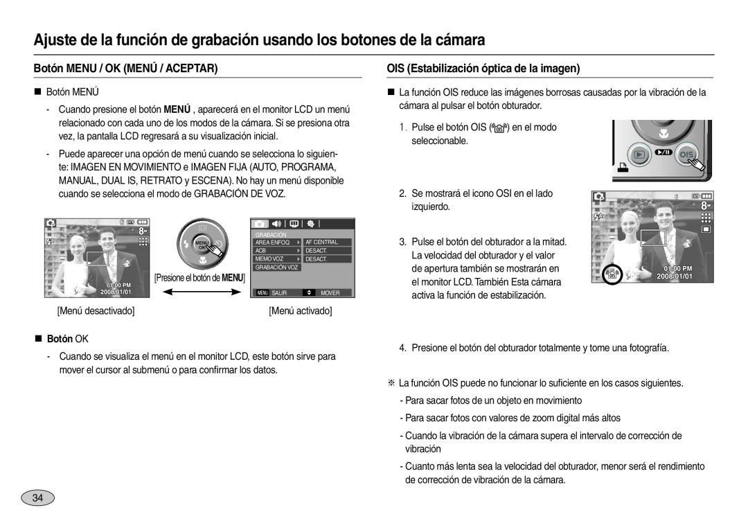 Samsung EC-L110ZPBC/E1, EC-L110ZPDA/E3 Botón MENU / OK MENÚ / ACEPTAR, OIS Estabilización óptica de la imagen, „ Botón OK 