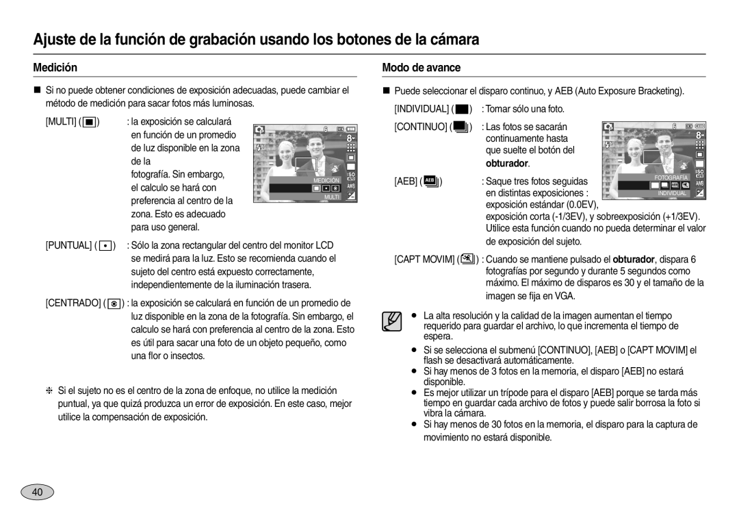 Samsung EC-L110ZUBA/GB manual Medición, Modo de avance, Ajuste de la función de grabación usando los botones de la cámara 