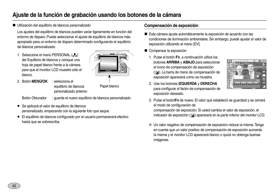 Samsung EC-L110ZBBA/GB manual Compensación de exposición, Ajuste de la función de grabación usando los botones de la cámara 