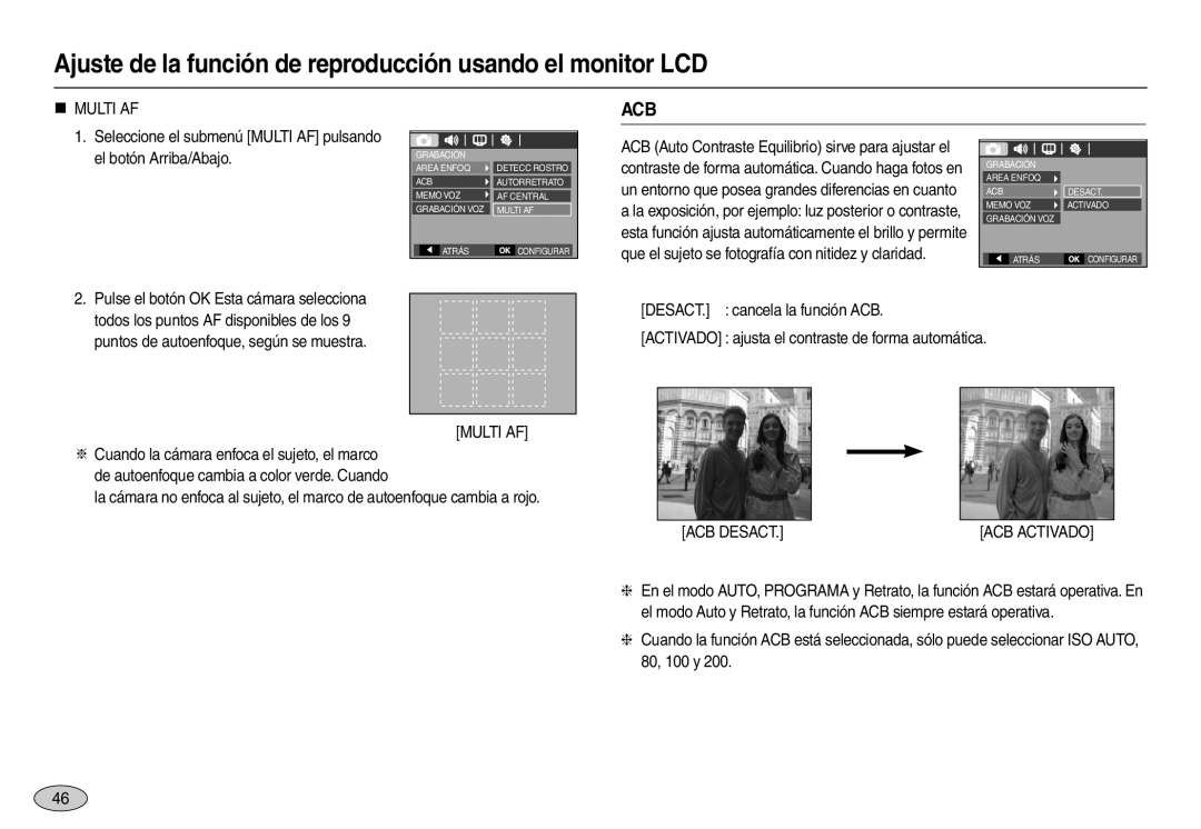 Samsung EC-L110ZBFA/E1, EC-L110ZPDA/E3 Ajuste de la función de reproducción usando el monitor LCD, „ Multi Af, Acb Desact 