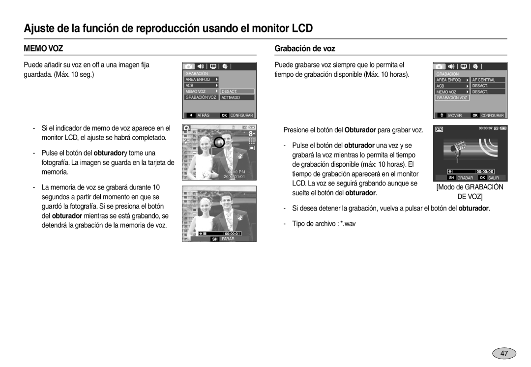 Samsung EC-L110ZRBA/GB manual Memo Voz, Grabación de voz, Ajuste de la función de reproducción usando el monitor LCD 