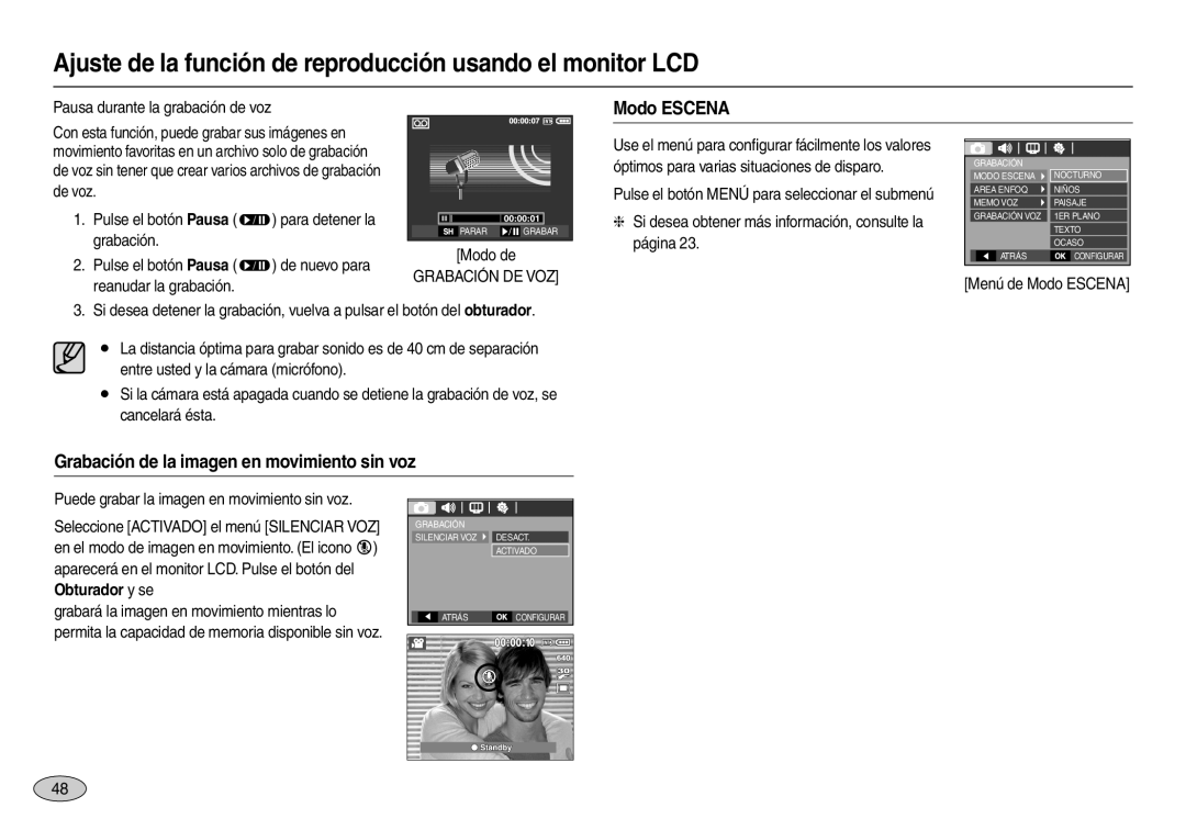 Samsung EC-L110ZPBA/GB, EC-L110ZPDA/E3, EC-L110ZUDA/E3 manual Modo ESCENA, Grabación de la imagen en movimiento sin voz 