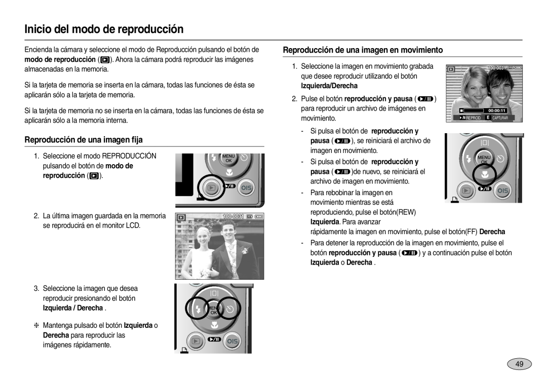 Samsung EC-L110ZSFB/E1 manual Inicio del modo de reproducción, Reproducción de una imagen en movimiento, Izquierda/Derecha 