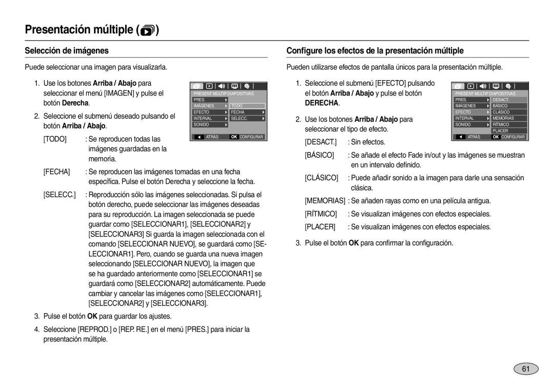 Samsung EC-L110ZBBA/E1 Selección de imágenes, Conﬁgure los efectos de la presentación múltiple, Presentación múltiple  