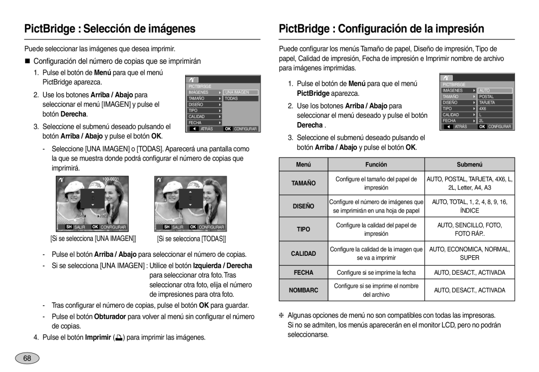Samsung EC-L110ZBBA/GB PictBridge Selección de imágenes, PictBridge Conﬁguración de la impresión, PictBridge aparezca 