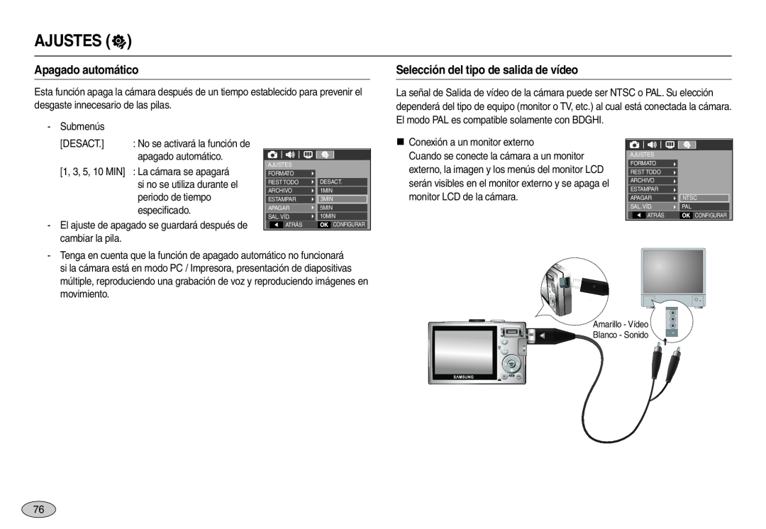 Samsung EC-L110ZBBA/AS, EC-L110ZPDA/E3, EC-L110ZUDA/E3 Apagado automático, Selección del tipo de salida de vídeo, Ajustes  