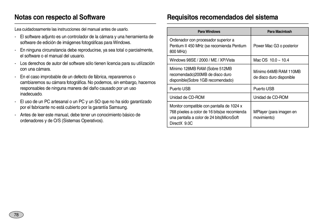 Samsung EC-L110ZUDA/E3 Notas con respecto al Software, Requisitos recomendados del sistema, Para Windows, Para Macintosh 