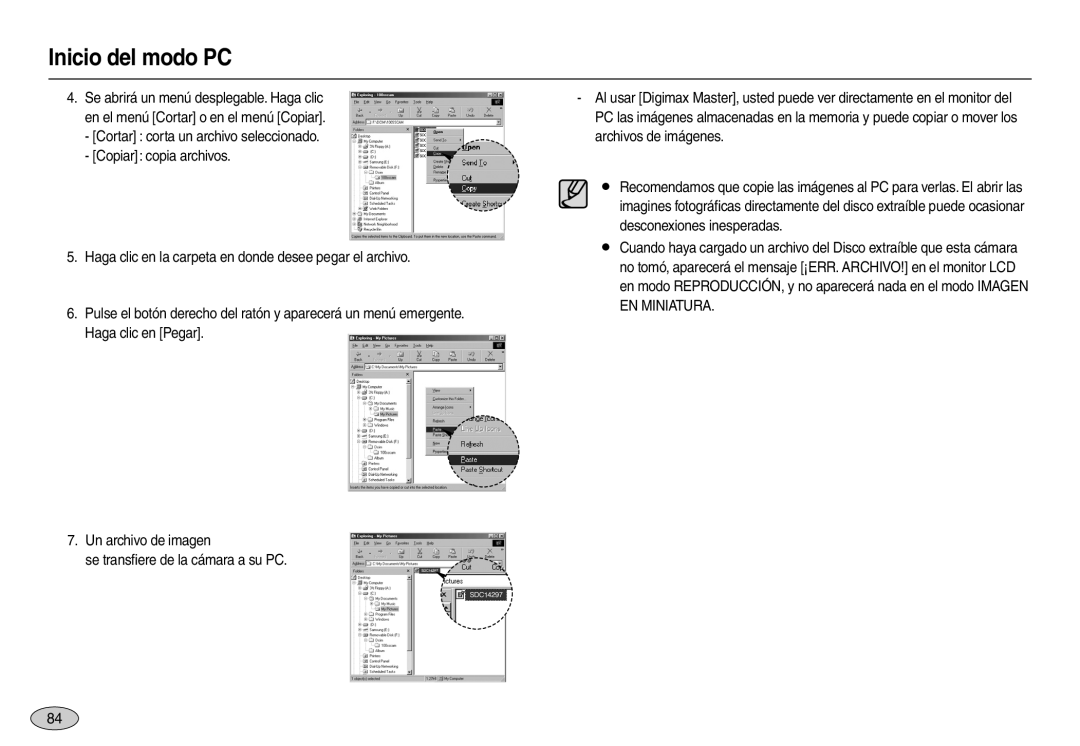 Samsung EC-L110ZUBA/E1, EC-L110ZPDA/E3 manual Inicio del modo PC, Cortar corta un archivo seleccionado Copiar copia archivos 