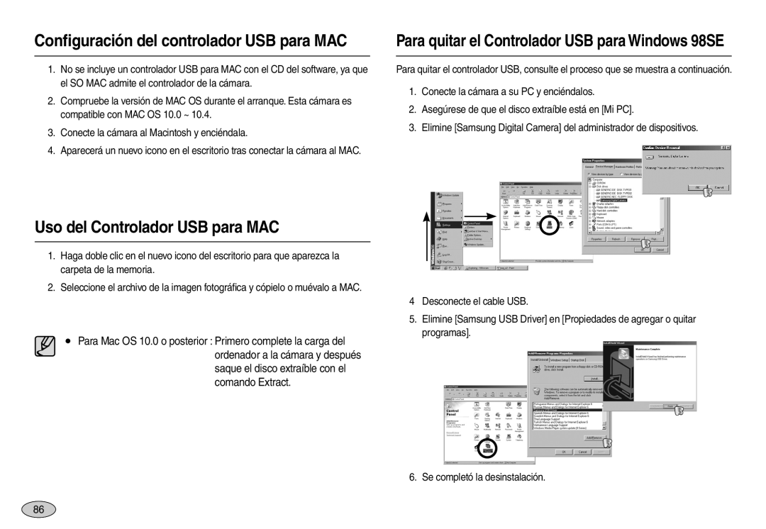Samsung EC-L110ZPBC/E1, EC-L110ZPDA/E3 Uso del Controlador USB para MAC, Para quitar el Controlador USB para Windows 98SE 