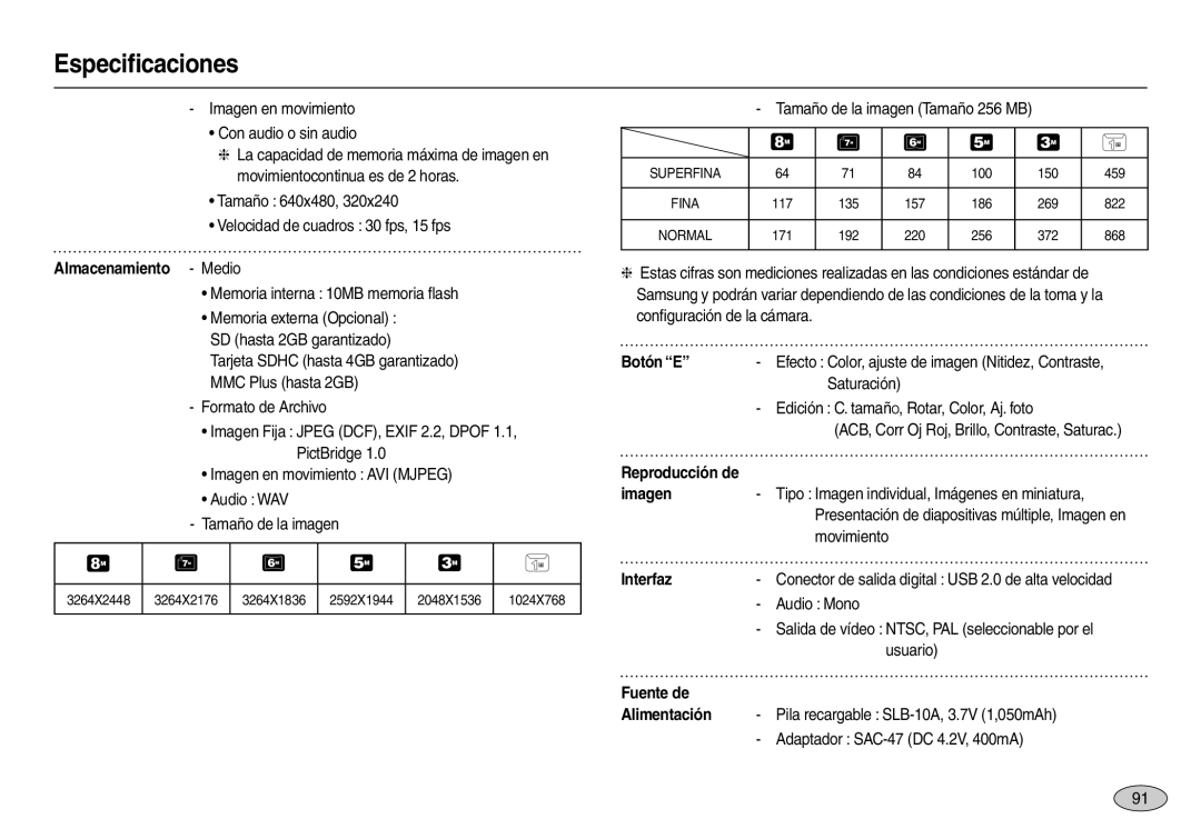 Samsung EC-L110ZSBA/E1 manual Especiﬁcaciones, Almacenamiento - Medio, Botón “E”, imagen, Interfaz, Fuente de, Alimentación 