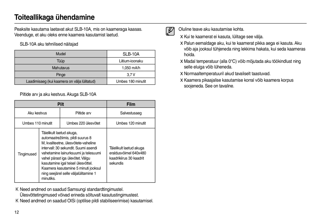 Samsung EC-L110ZBBA/RU, EC-L110ZRBA/RU manual Toiteallikaga ühendamine, „ SLB-10A aku tehnilised näitajad, Pilt Film 