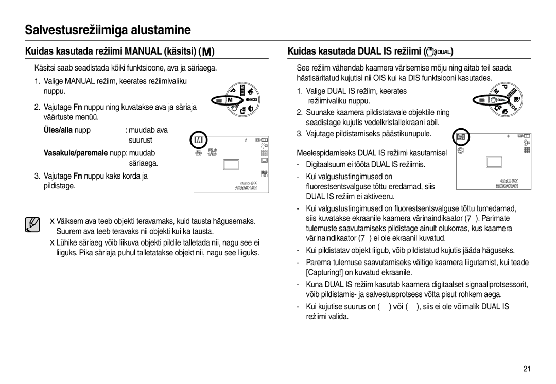 Samsung EC-L110ZSBA/RU manual Kuidas kasutada režiimi Manual käsitsi, Kuidas kasutada Dual is režiimi, Üles/alla nupp 