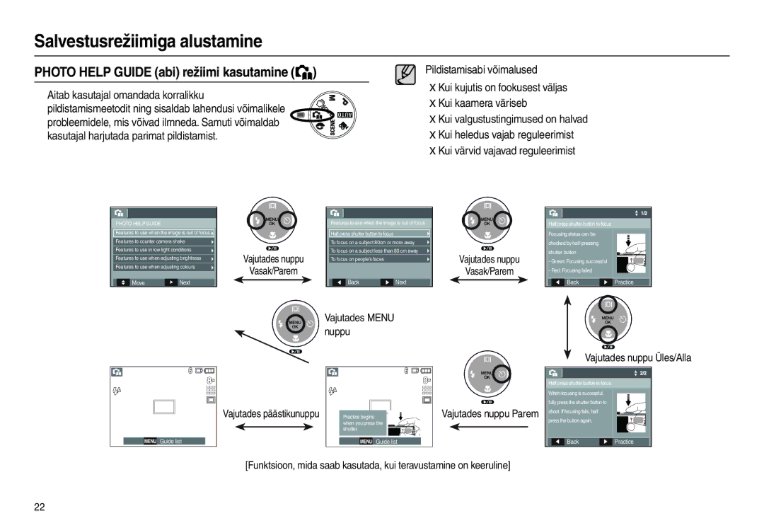 Samsung EC-L110ZBBA/LV manual Photo Help Guide abi režiimi kasutamine, Vajutades Menu nuppu Vajutades nuppu Vasak/Parem 