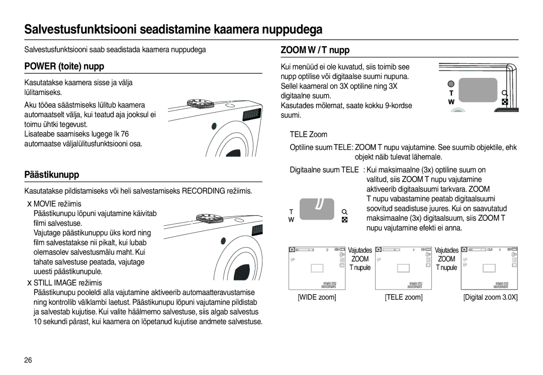 Samsung EC-L110ZBBA/LV, EC-L110ZRBA/RU Salvestusfunktsiooni seadistamine kaamera nuppudega, Power toite nupp, Päästikunupp 