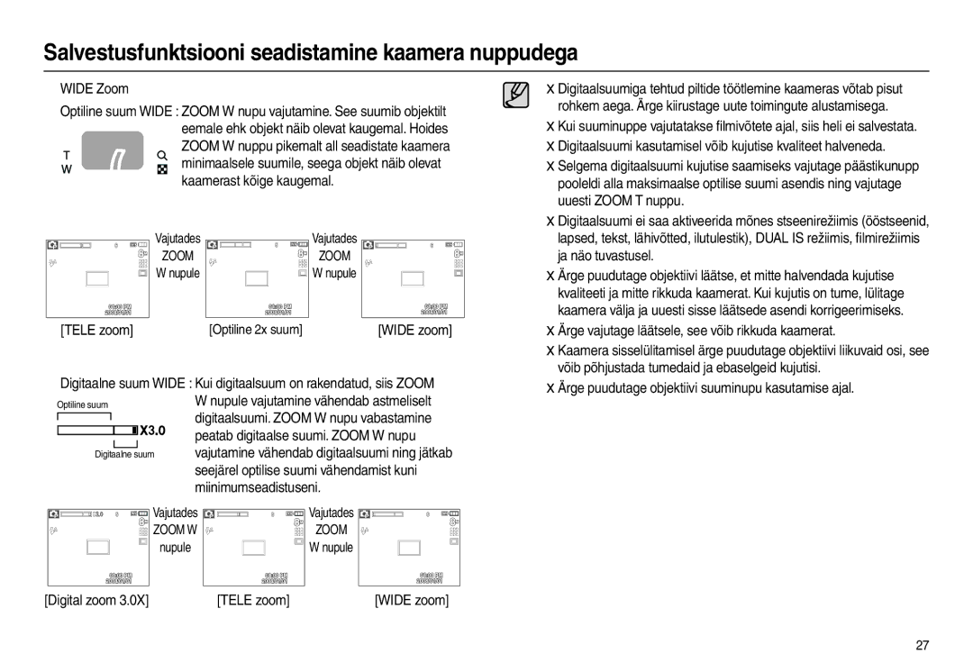 Samsung EC-L110ZRBA/RU Uuesti Zoom T nuppu, Tele zoom, Ja näo tuvastusel, Võib põhjustada tumedaid ja ebaselgeid kujutisi 