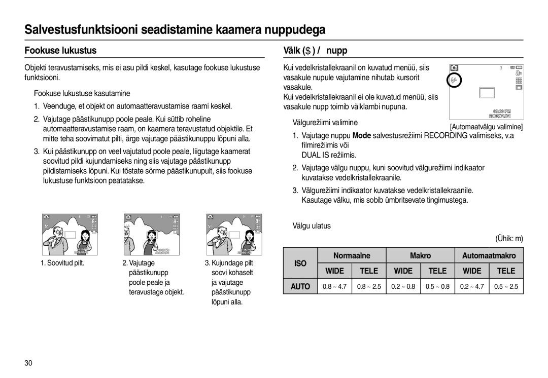 Samsung EC-L110ZBBA/LV manual Fookuse lukustus, Välk  / nupp, Välgurežiimi valimine, „ Välgu ulatus, Normaalne Makro 