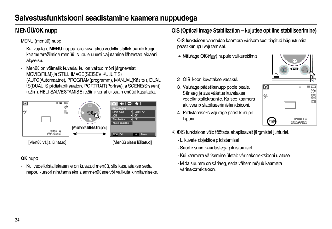 Samsung EC-L110ZBBA/LV manual MENÜÜ/OK nupp, „ OK nupp, Värinakorrektsioon, Vajutades Menu nuppu Menüü välja lülitatud 