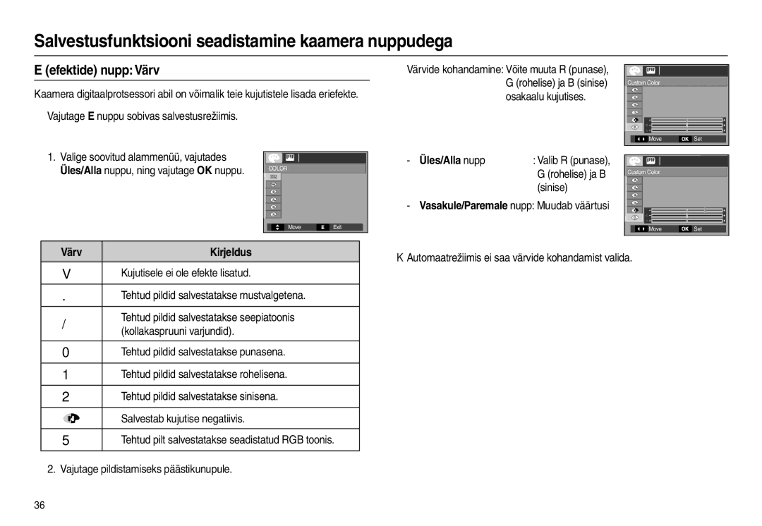 Samsung EC-L110ZBBA/RU, EC-L110ZRBA/RU manual Efektide nupp Värv, „ Vajutage E nuppu sobivas salvestusrežiimis, Sinise 