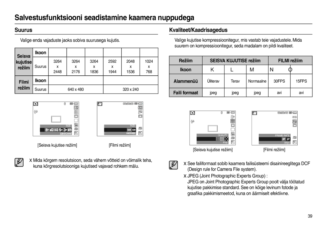 Samsung EC-L110ZRBA/RU, EC-L110ZBBA/RU, EC-L110ZSBA/RU manual Suurus, Kvaliteet/Kaadrisagedus, Ikoon Režiim, Filmi režiim 