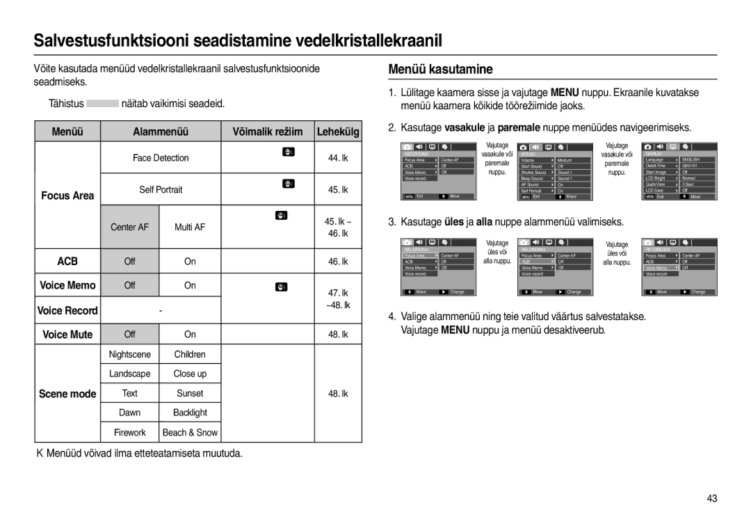 Samsung EC-L110ZRBA/RU, EC-L110ZBBA/RU manual Salvestusfunktsiooni seadistamine vedelkristallekraanil, Menüü kasutamine 