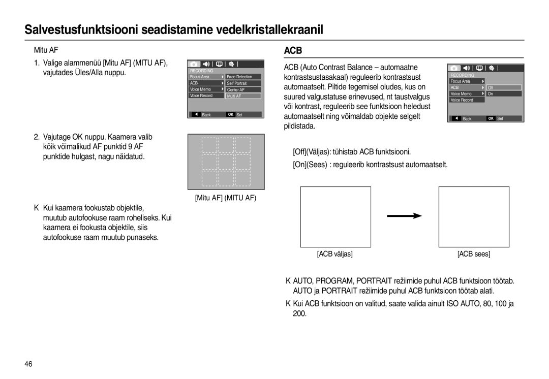 Samsung EC-L110ZBBA/LV manual „ Mitu AF, Vajutades Üles/Alla nuppu, OffVäljas tühistab ACB funktsiooni, Mitu AF Mitu AF 