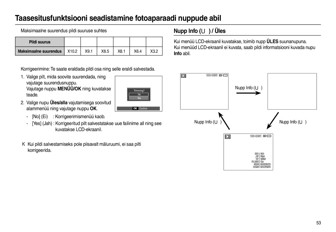 Samsung EC-L110ZSBA/RU Nupp Info  / Üles, „ Maksimaalne suurendus pildi suuruse suhtes, No Ei Korrigeerimismenüü kaob 